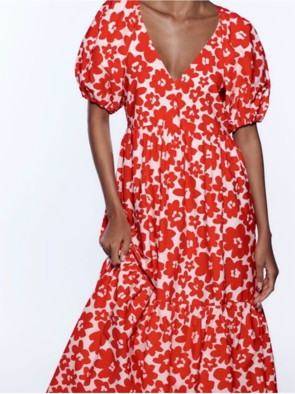Zara Red and White Floral Puff-Sleeve Maxi Dress - Picture 6 of 7